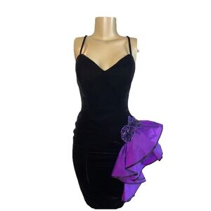 Vintage 80s New Leaf Velvet Purple Ruffle & Sequin Midi Dress